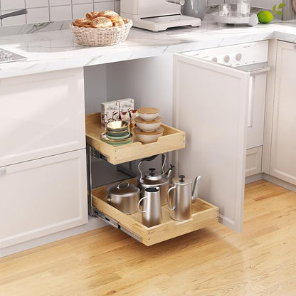 Wood Pull Out Cabinet Organizer 2 Tie 20" W x 21" D, Heavy-Duty Sliding Drawers for Inside Cabinets Storage and Organization for Kitchen, Pantry, Bathroom
