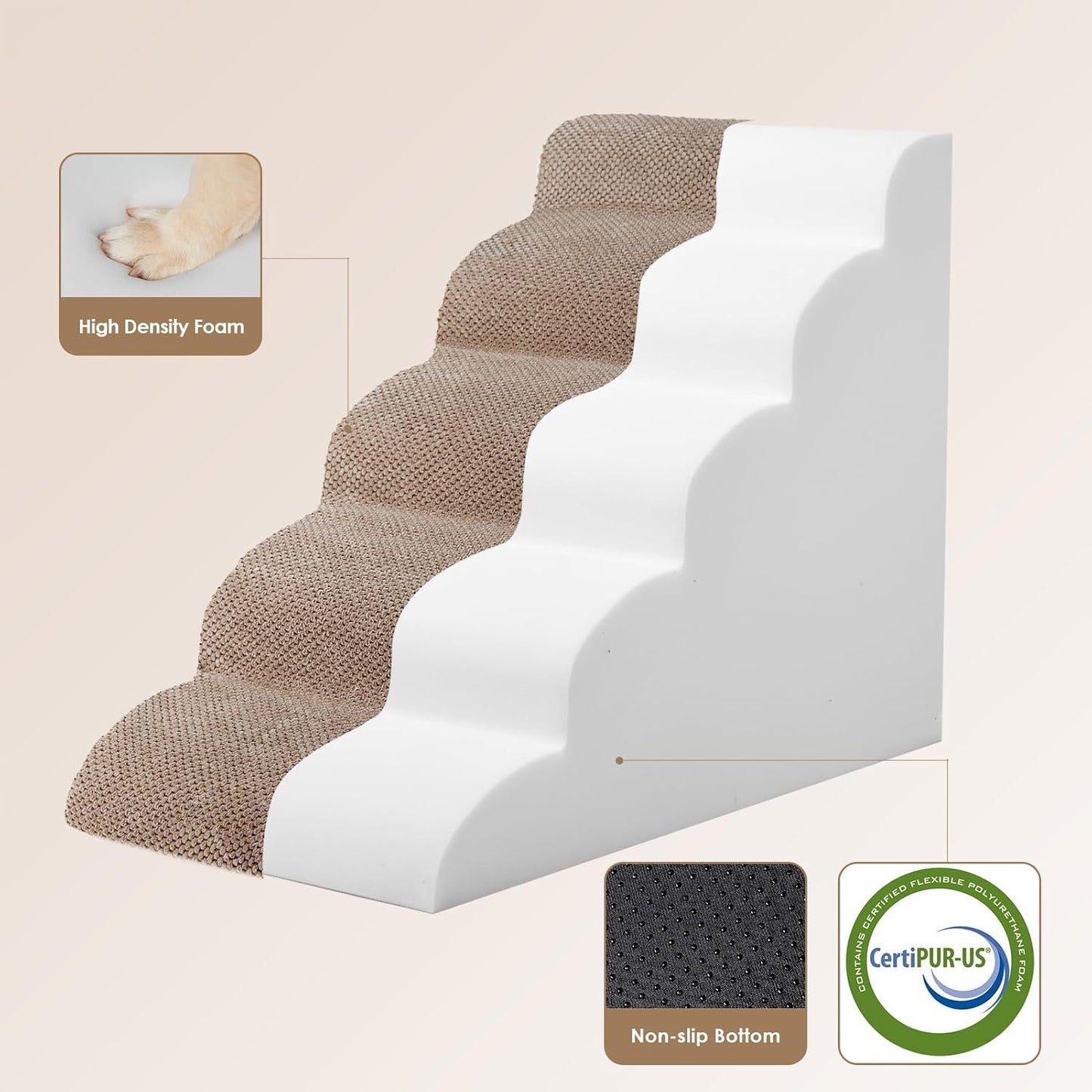 EHEYCIGA Curved Dog Stairs Ramp for High Beds 22.6" H, 5-Step Dog Steps for Small Dogs and Cats, Pet Stairs for High Bed Climbing, Non-Slip Balanced Pet Step Indoor, Camel