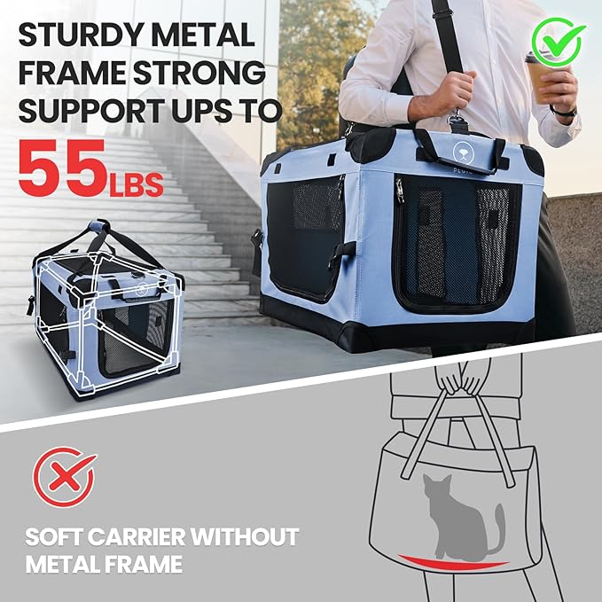 Large Cat Carrier for Car Travel, Pegic Soft Sided Collapsible Pet Carrier for Outdoor and Indoor Uses, Roomy Extra Large Cat Carrier for 2 Kittens, Large Cat or Puppies Up to 50lbs (Blue)