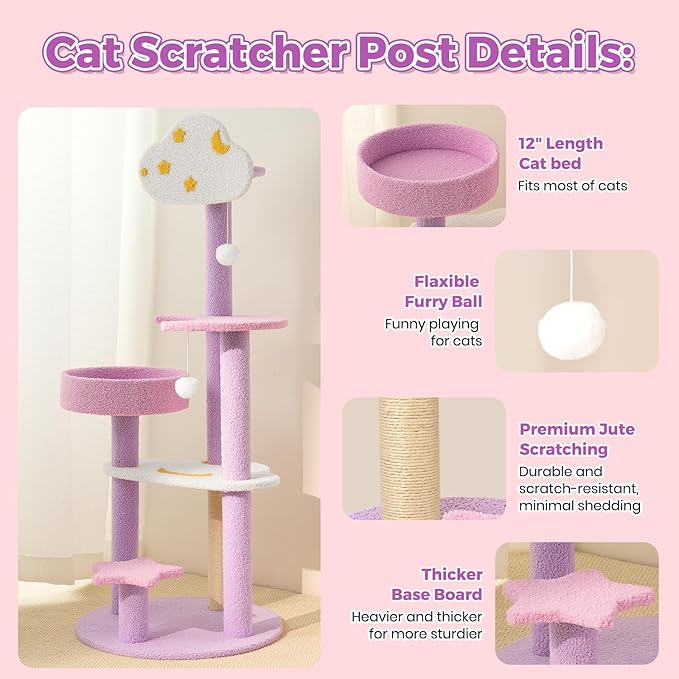 Moon Star Cat Tree, 47 in Tall Cat Cloud Tower with Cattery Sisal Scratching Post, Pink Purple Kittie Condo Cozy Fluffy 3 Pillars Kitten Tree for Small Meduim Cats Climbing Indoor Activity