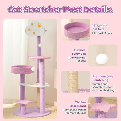 Moon Star Cat Tree, 47 in Tall Cat Cloud Tower with Cattery Sisal Scratching Post, Pink Purple Kittie Condo Cozy Fluffy 3 Pillars Kitten Tree for Small Meduim Cats Climbing Indoor Activity