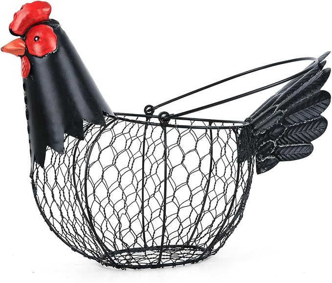 Chicken Egg Basket, Egg Collecting Baskets,Metal Wire Egg Basket with Handle, Farmhouse Chicken Decor, Rustic Black Rooster Chicken Shaped Fruit Bowl Countertop Holder for Home Kitchen Decoration