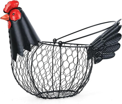 Chicken Egg Basket, Egg Collecting Baskets,Metal Wire Egg Basket with Handle, Farmhouse Chicken Decor, Rustic Black Rooster Chicken Shaped Fruit Bowl Countertop Holder for Home Kitchen Decoration