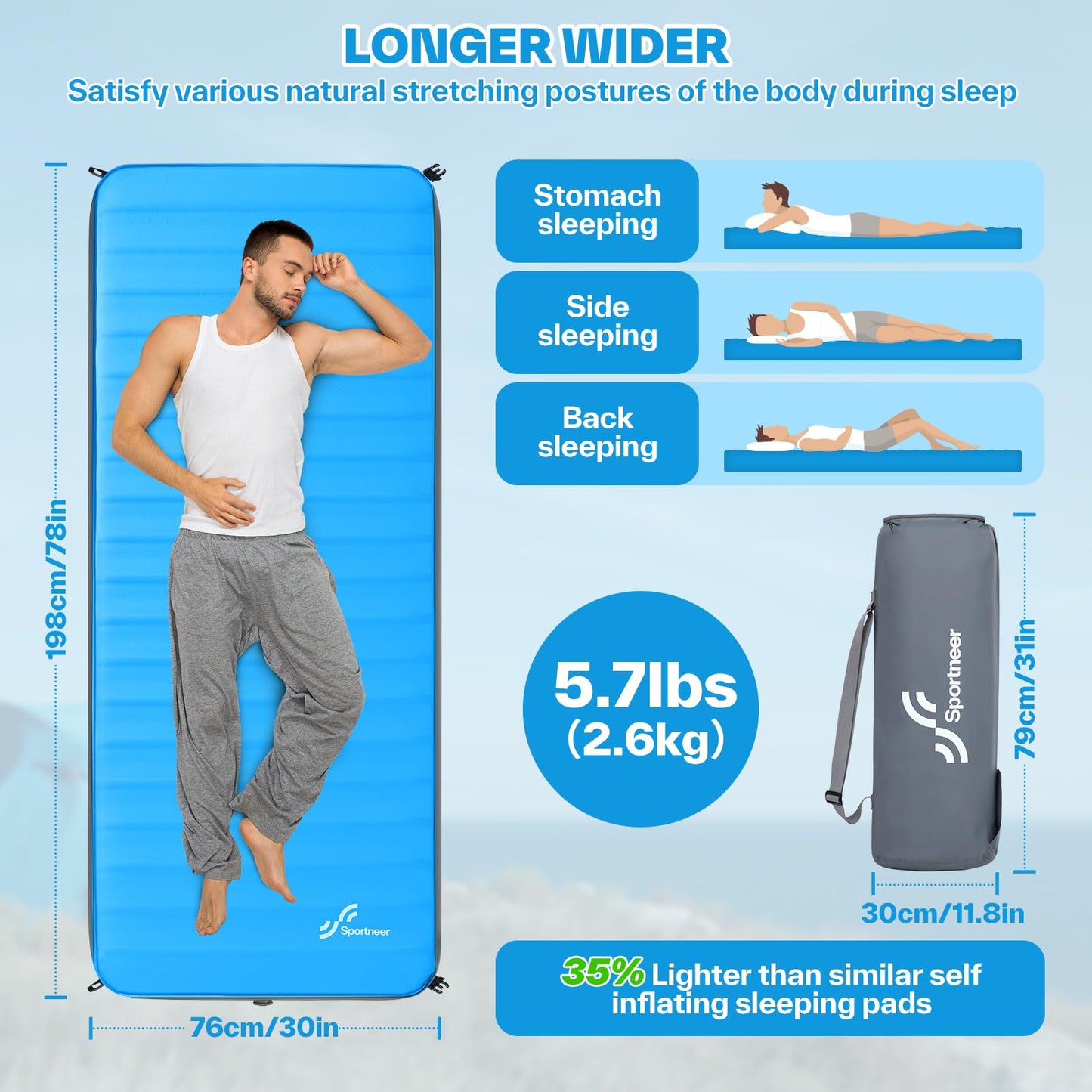 Sportneer Sleeping Pad for Camping: 4" Ultra-Thick Air & Foam Camping Mattress with 10 R Value, 4-Season Large Size 78" x 30" Self-Inflating Sleeping Pad for Camp/Travel/Car/Tent, Easy to Inflate