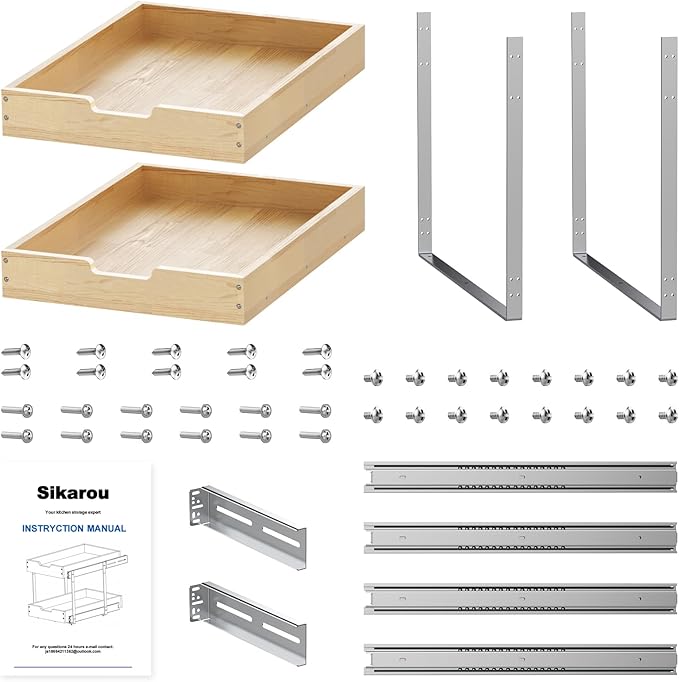 Wood Pull Out Cabinet Organizer 2 Tie 20" W x 21" D, Heavy-Duty Sliding Drawers for Inside Cabinets Storage and Organization for Kitchen, Pantry, Bathroom