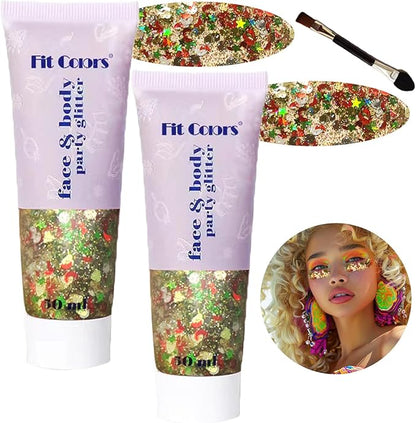 Body Glitter Face Glitter Gel: Singer Concerts Disco Festival Rave Accessories Face Glitter Makeup Chunky Sequins Mermaid Face Body Hair Glitter Gel (2 Mixed Colors)