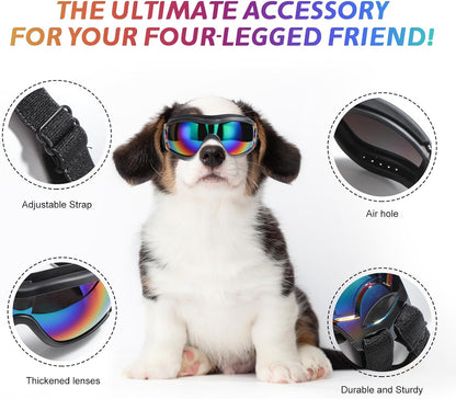 NVTED Dog Sunglasses Dog Goggles, UV Wind Dust Fog Protection Pet Glasses Eye Wear with Adjustable Strap for Medium or Large Size (Laser)