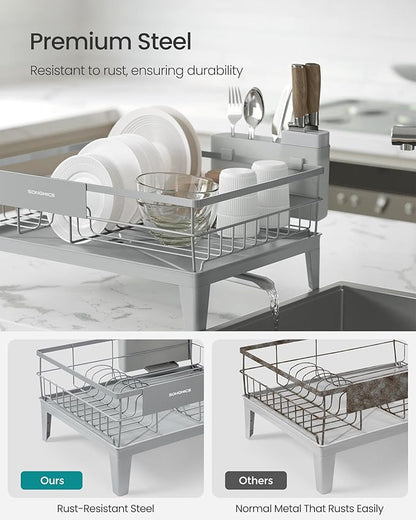 SONGMICS Dish Drying Rack, Kitchen Dish Rack, with Drainboard, 360° Rotatable and Extendable Spout, with Cutlery Holder, 12.2 x 16.5 x 7.3 Inches, Dove Gray UKCS550G01