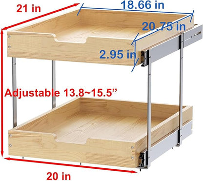 Wood Pull Out Cabinet Organizer 2 Tie 20" W x 21" D, Heavy-Duty Sliding Drawers for Inside Cabinets Storage and Organization for Kitchen, Pantry, Bathroom
