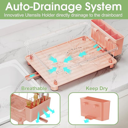 Pink Dish Drying Rack - Space-Saving Dish Rack,Dish Racks for Kitchen Counter with Drainboard, Birthday Christmas Day Mothers Day Thanksgiving Gifts for Mom Grandma Wife Kitchen Enthusiasts