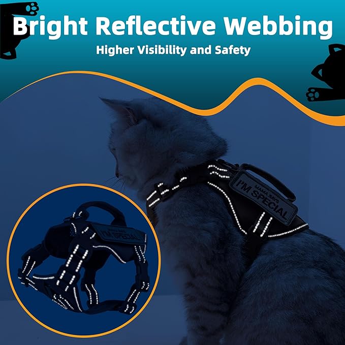 Tactical Cat Harness Black for Walking Esacpe Proof,Adjustable Soft Mesh Large Cat Vest with Rubber Handle Easy to Control,Molle Patches XL