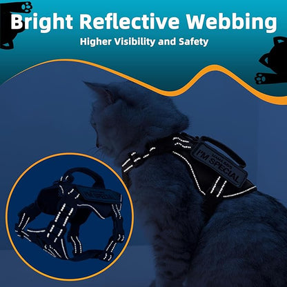 Tactical Cat Harness Black for Walking Esacpe Proof,Adjustable Soft Mesh Large Cat Vest with Rubber Handle Easy to Control,Molle Patches XL