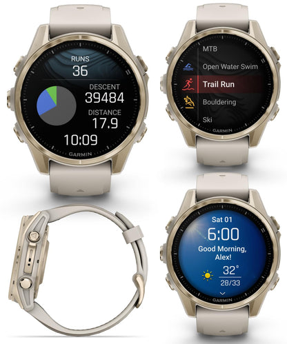 Wearable4U Garmin Fenix 8 - 43 Mm Sapphire, Amoled Multisport Gps Smartwatch, Soft Gold With Fog Gray/Dark Sandstone Silicone Ba