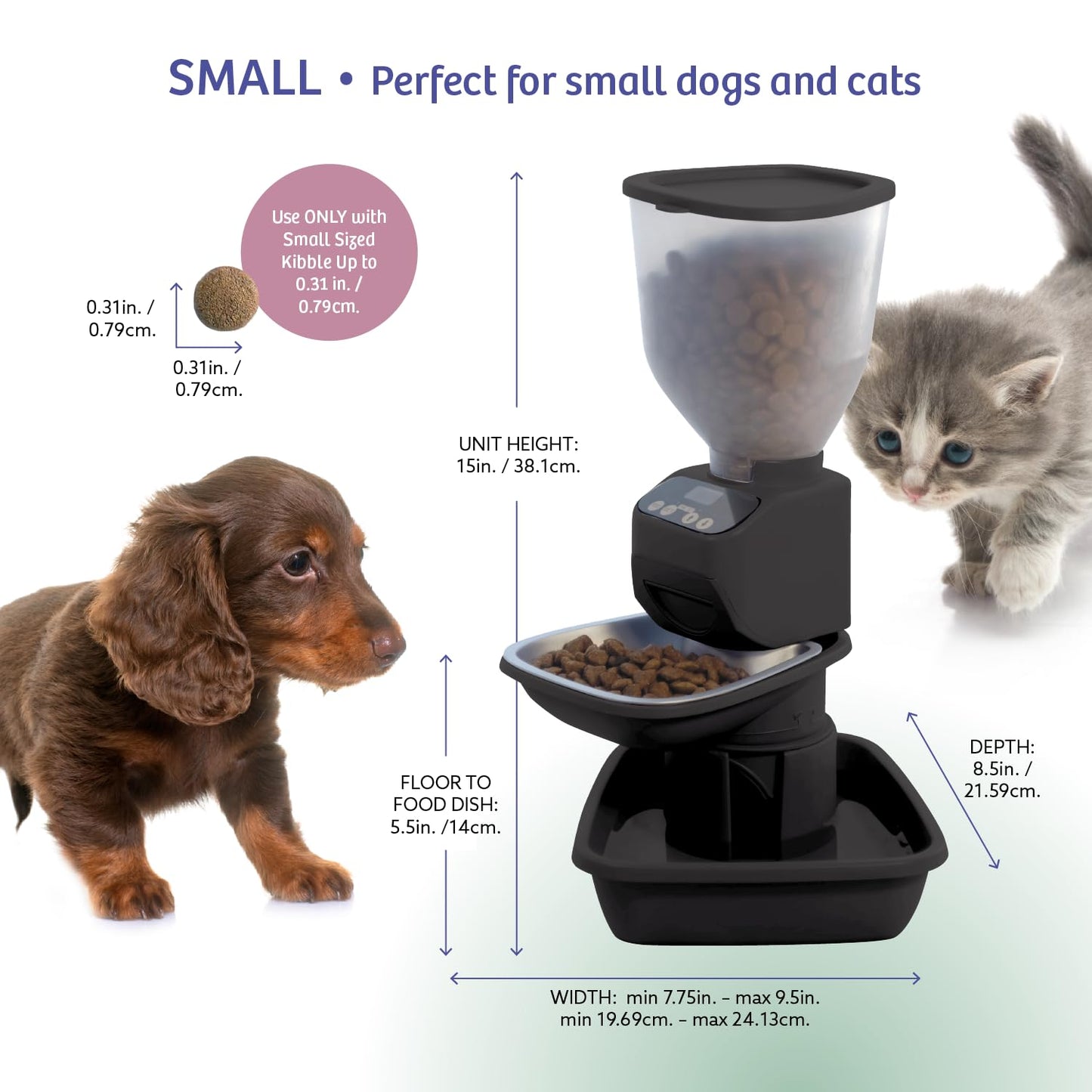 Feeding Friend Automatic Dog & Cat Food Feeder with Water Dispenser – Smart Pet Feeder with Portion Control, OLED Display, Anti Jam Design, Battery Operated Dispenser for Small- (XS) Pets - Black