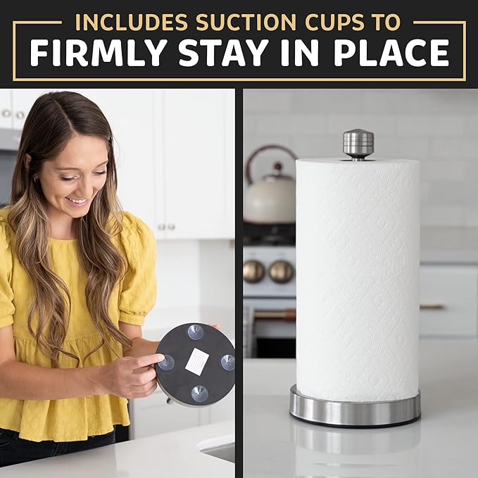 Dear Household Stainless Steel Paper Towel Holder Easy One-Handed Operation - This Sturdy Weighted Paper Towel Dispenser Countertop Model Has Suction Cups and Holds All Paper Towel Rolls - Silver