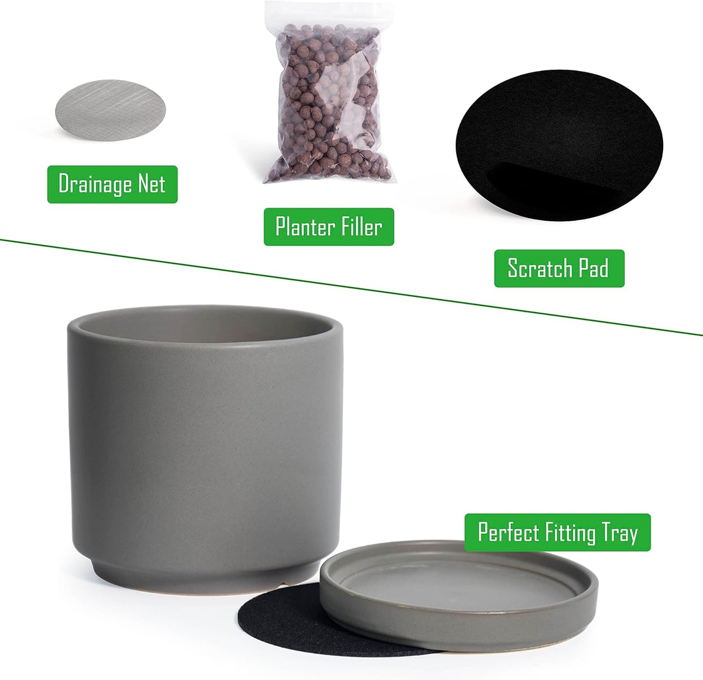 D'vine Dev Set of 2 Plants Pots, 10 Inch Ceramic Planter Pot for Plants with Drainage Hole and Saucer, Speckled Grey, 94-V-E-3