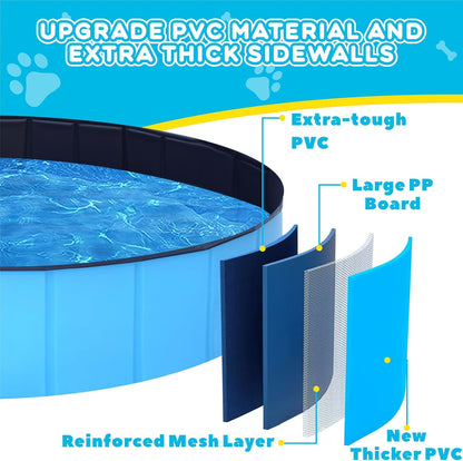 Foldable Dog Pool - 63" x 12" Anti-Slip Portable Dog Swimming Pool, Hard Plastic Collapsible Kiddie Pool for Outdoor and Indoor for Pets Dogs Cats and Kids