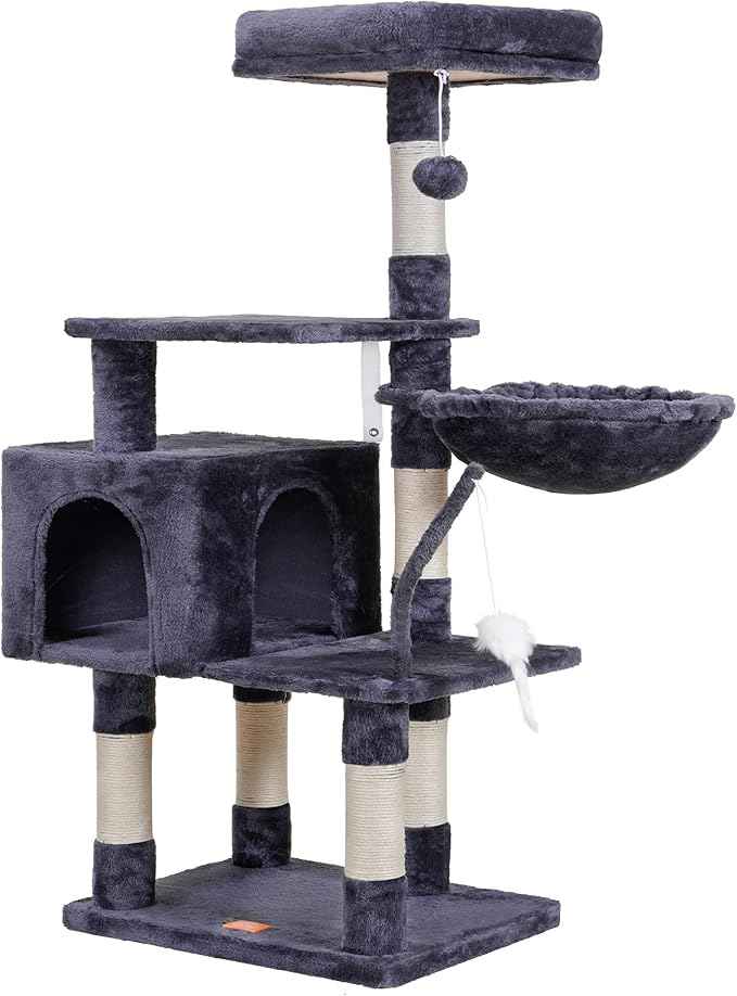 Heybly Cat Tree with Toy, Cat Tower Condo for Indoor Cats, Cat House with Padded Plush Perch, Cozy Hammock and Sisal Scratching Posts, Smoky Gray HCT004G