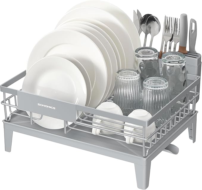 SONGMICS Dish Drying Rack, Kitchen Dish Rack, with Drainboard, 360° Rotatable and Extendable Spout, with Cutlery Holder, 12.2 x 16.5 x 7.3 Inches, Dove Gray UKCS550G01