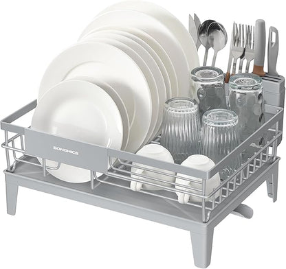 SONGMICS Dish Drying Rack, Kitchen Dish Rack, with Drainboard, 360° Rotatable and Extendable Spout, with Cutlery Holder, 12.2 x 16.5 x 7.3 Inches, Dove Gray UKCS550G01