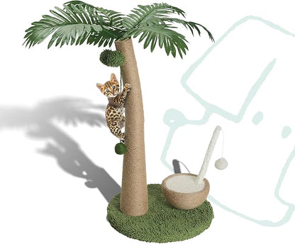 Cat Scratching Post 33 Inch Palm Tree with Hanging Balls and Coconut Straw Toy, Cat Scratcher for Indoor Kittens, Extra Stable Base, Paw-Friendly Jute Material, L
