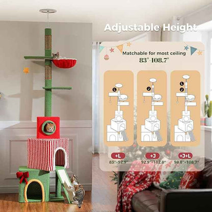 PEQULTI 83-108'' Floor to Ceiling Cat Tree for Large Adult Cats, Christmas Cat Tower with Adjustable Height with 3 Large Condos, Plush Hammock, Thick Scratching Posts, Red/Green
