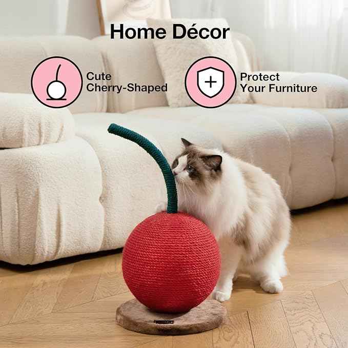 VETRESKA Cherry Cat Scratching Post, 22.64" Tall Cat Scratcher with Jute Rope Ball, Vertical Cat Scratch Post Claw Scratchers for Indoor Cats, Kitten Supplies