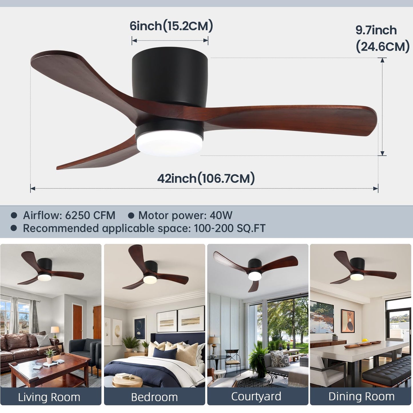 Gesum 42 Ceiling Fan With Lights Remote Control, Low Profile Ceiling Fan With 3 Walnut Wood Blades, Reversible,Dimmable, Flush M