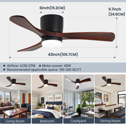 Gesum 42 Ceiling Fan With Lights Remote Control, Low Profile Ceiling Fan With 3 Walnut Wood Blades, Reversible,Dimmable, Flush M