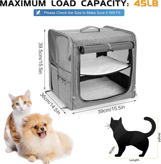 Suertree Cat Carrier for 2 Cats, Pet Travel Carrier for Cats and Small Dogs Up to 45 Lbs, Bowls, and Locking Zippers