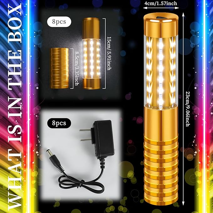8 Pieces LED Strobe Baton Light Rechargeable Bottle Service Sparklers Stick Reusable Champagne Bottle Handheld LED for Club Stage Nightclub Party Concert Event Bar Outdoor - Gold