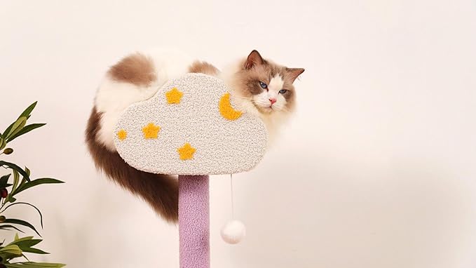 Moon Star Cat Tree, 47 in Tall Cat Cloud Tower with Cattery Sisal Scratching Post, Pink Purple Kittie Condo Cozy Fluffy 3 Pillars Kitten Tree for Small Meduim Cats Climbing Indoor Activity
