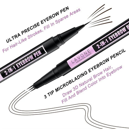 LAVONE Eyebrow Pencil, 2-In-1 Waterproof Eyebrow Pen, with 3 Tip Microblading Eyebrow Pen and Ultra-Precise Brow Pencil, Dual-ended Eyebrow Brush, for Eyebrow Makeup - Dark Brown