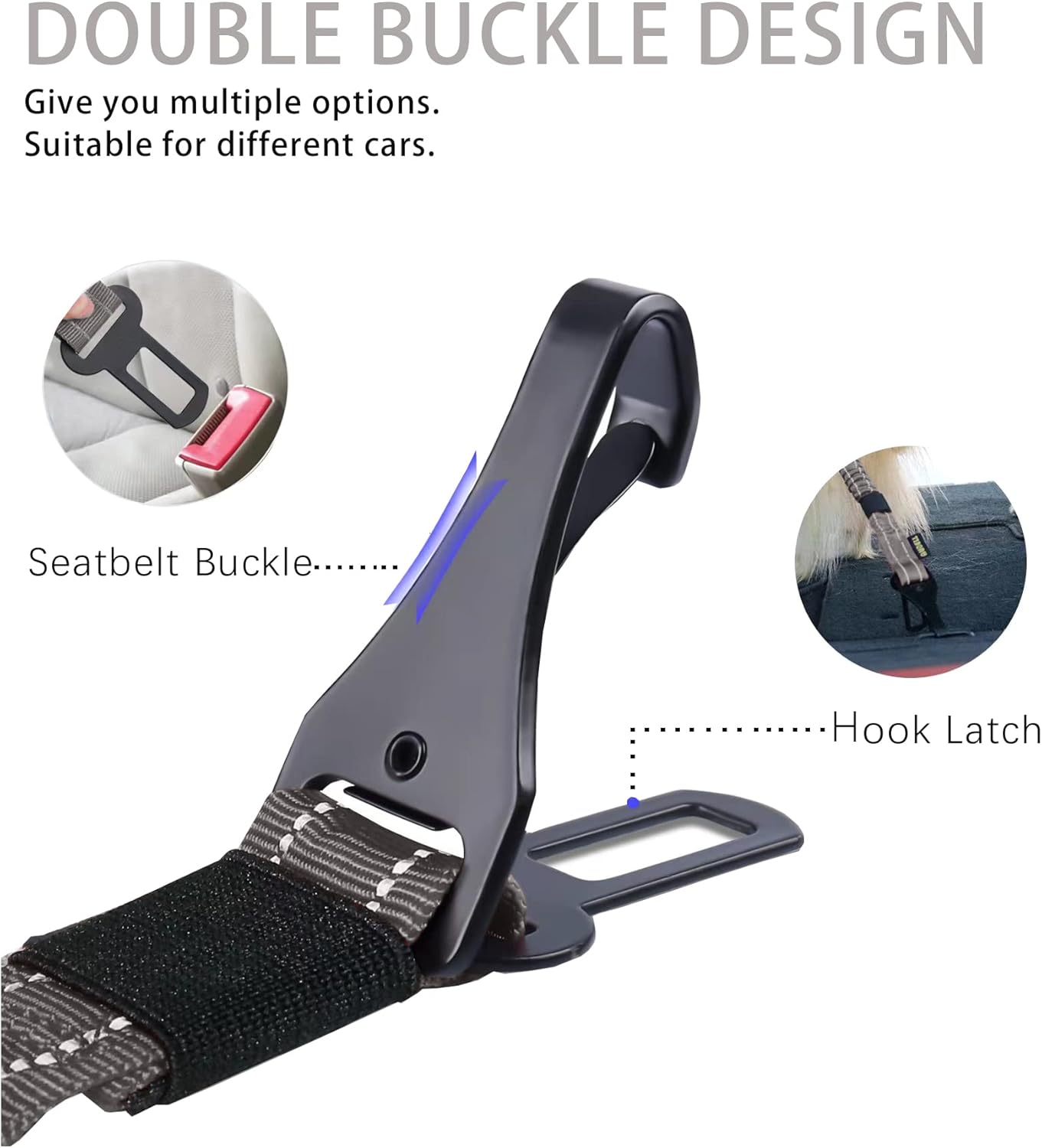 AUBELL Dog Seat Belt for Car,Updated 3-in-1 Adjustable Reflective Bungee Heavy Duty Dog Car Harness Tether with Clip Hook Latch & Buckle,Swivel Zinc Alloy Carabiner,Grey