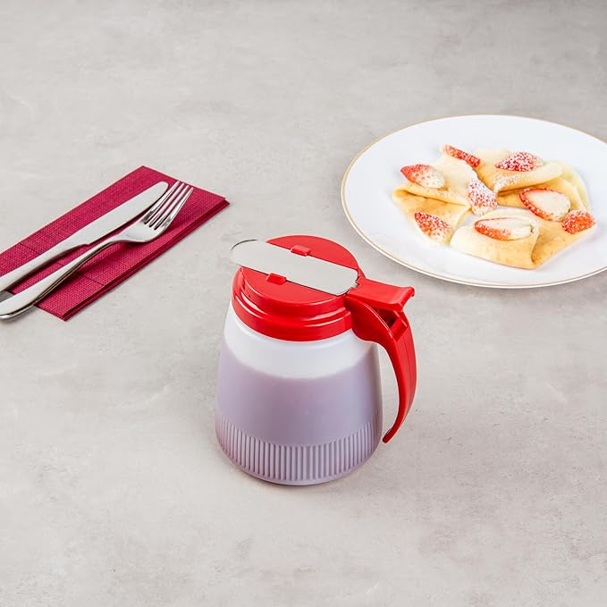 Restaurantware-Chef 101 32 Ounce All Purpose Syrup Dispensers, 10 Honey Dispensers - Red Top, Stainless Steel Slide Cover, Plastic Pancake Syrup Bottle, Perfect For Diners, Restaurants, Home