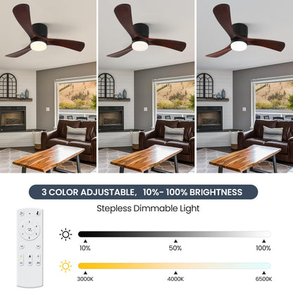 Gesum 42 Ceiling Fan With Lights Remote Control, Low Profile Ceiling Fan With 3 Walnut Wood Blades, Reversible,Dimmable, Flush M