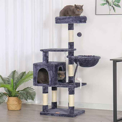 Heybly Cat Tree with Toy, Cat Tower Condo for Indoor Cats, Cat House with Padded Plush Perch, Cozy Hammock and Sisal Scratching Posts, Smoky Gray HCT004G