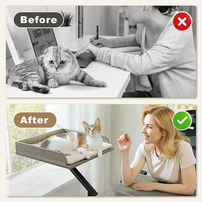 PAWZ Road Cat Desk Bed, Wooden Cat Bed for Desk Supports Up to 50 lbs, 360° Rotation & Adjustable, Nest Desktop Attachment Cats Hammock for Table, Gray