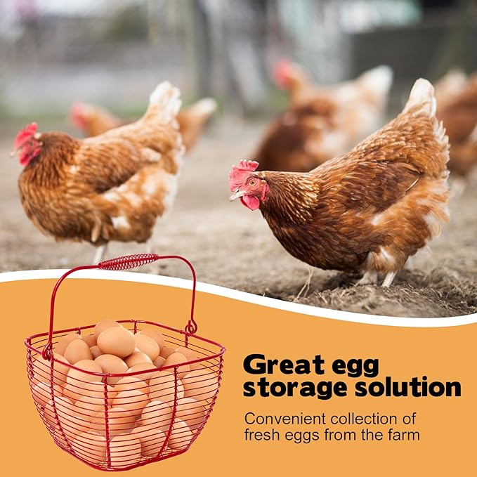 2 PCS Wire Egg Baskets for Gathering Fresh Eggs with Handle 7 Inch Red Square Metal Chicken Duck Eggs Collecting Countertop Basket Egg Holder Farmhouse Fruit Storage Container