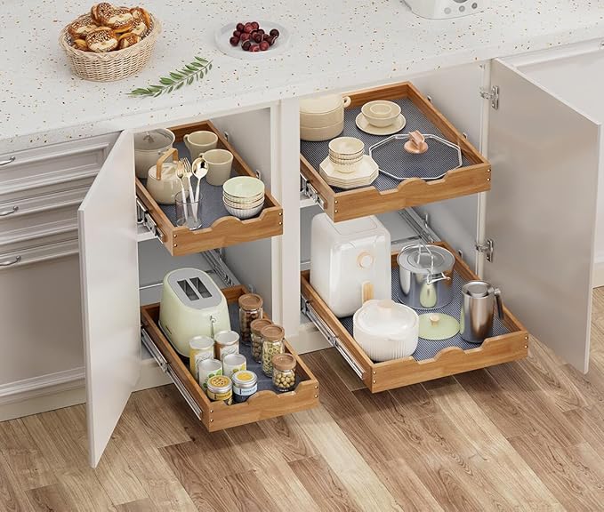 OCG 1 Tier Pull Out Cabinet Organizer (17" W x 21" D), Heavy-Duty Slide out Wood Drawer Shelf, Pull Out Drawer for Cabinets, Base Cabinet Organization for Kitchen, Pantry, Bathroom