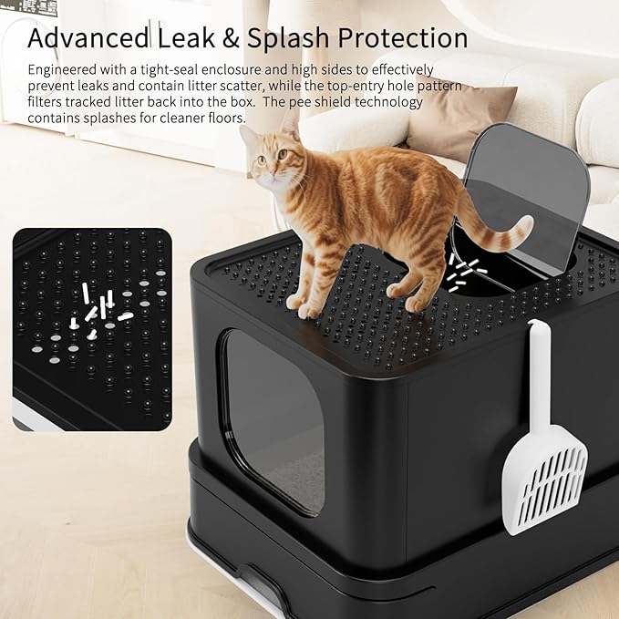 RIZZARI Stainless Steel Cat Box: Spacious Black Enclosed Top-Entry - Teflon Coated Pan Resists Sticking - Reduces Tracking & Odor - Leakproof & Easy to Clean - Fits Large Cats in Living Room Garage