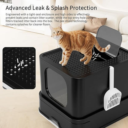 RIZZARI Stainless Steel Cat Box: Spacious Black Enclosed Top-Entry - Teflon Coated Pan Resists Sticking - Reduces Tracking & Odor - Leakproof & Easy to Clean - Fits Large Cats in Living Room Garage