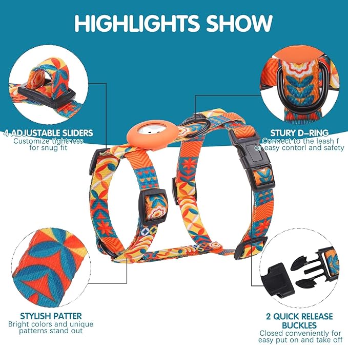 BINGPET Cat Harness with Airtag Holder, Cat Harness and Leash Set Escape Proof for Walking Travel Outdoor, Soft Adjustable Kitten Harnesses for Small Medium Large Cats, Orange(Chest:12.5"-18")