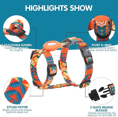 BINGPET Cat Harness with Airtag Holder, Cat Harness and Leash Set Escape Proof for Walking Travel Outdoor, Soft Adjustable Kitten Harnesses for Small Medium Large Cats, Orange(Chest:12.5"-18")