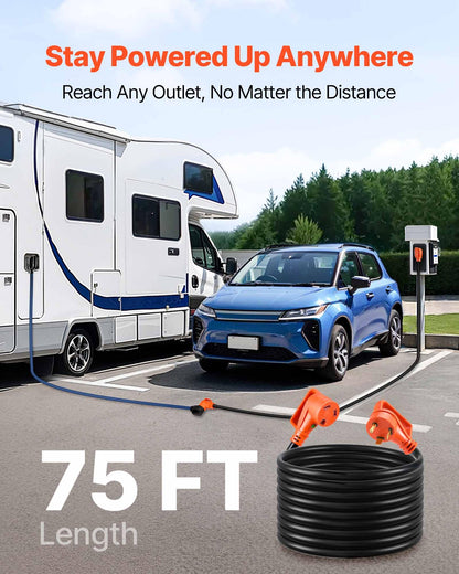 Vevor 75 Ft Rv Extension Cord, 30 Amp, 125V 2500W Heavy Duty Stw 10/3 Gauge Wire, Nema Tt-30P Male Nema Tt-30R Female Plug, With