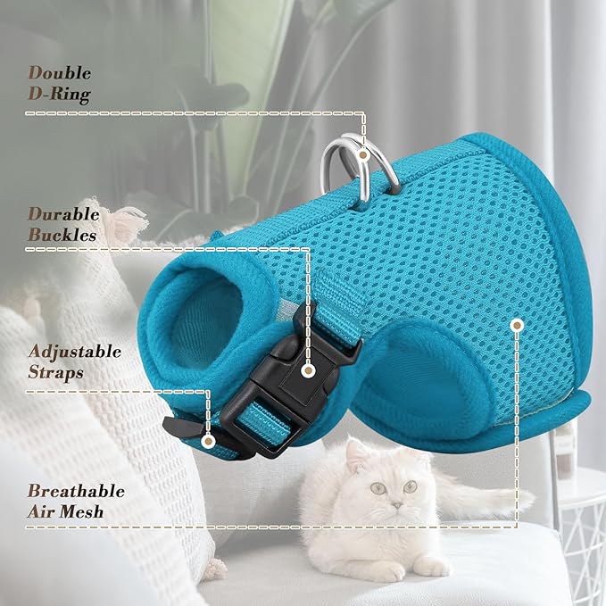 Athena Collection Adjustable Cat Harness with Velcro, Portable Large Sized Cat Vest Harness Breathable Comfy Escape Proof Cat Kitten Harness Pet Supplies for Outdoor Walking Training, Blue