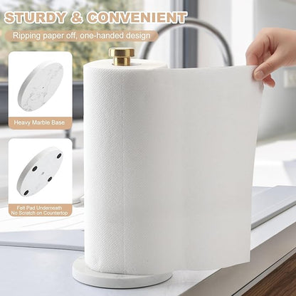 Standing Paper Towel Holder, Kitchen Paper Towel Roll Holder- for Bathroom Kitchen Countertop with Weighted Marble Base for One-Handed Operation (Gold), Marble Paper Towel Holder.…