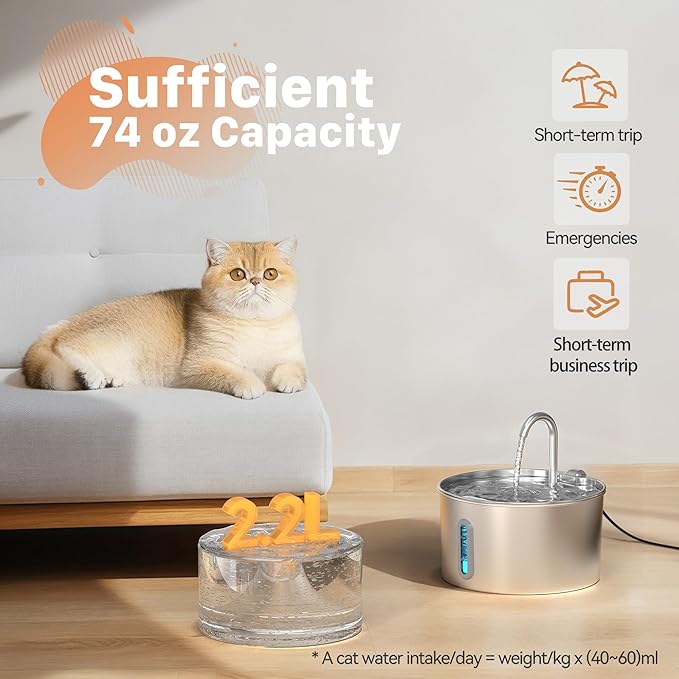 Cat Water Fountain Stainless Steel: 74oz/2.2L Cat Fountain for Drinking - Pet Water Fountain for Cats Inside - Automatic Dog Water Dispenser Bowl Feeding & Watering Supplies 6 Filters 3 Sponges