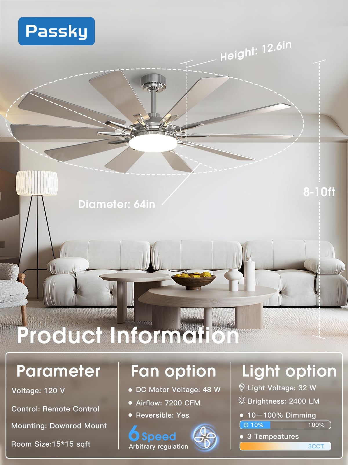 Passky Ceiling Fans With Lights, 64 Inch Nickel Ceiling Fan With Light And Remote Control, Reversible, Dimmable, 3Cct, Quiet, Ce