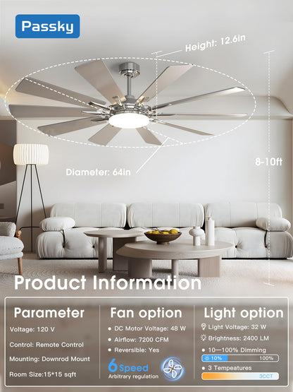 Passky Ceiling Fans With Lights, 64 Inch Nickel Ceiling Fan With Light And Remote Control, Reversible, Dimmable, 3Cct, Quiet, Ce